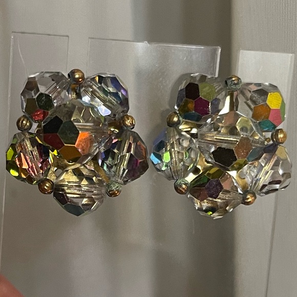 Vintage Art Deco AB Crystal Clip On Earrings - Picture 6 of 9